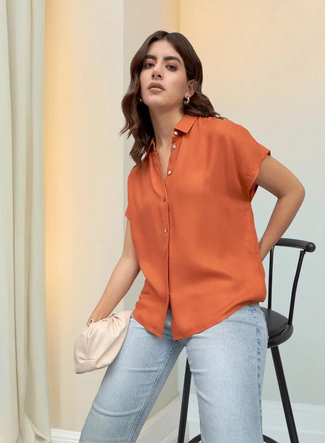 Dennis Lingo Rust Relaxed Fit Shirt for Women - Viscose Moss, Solid, Half Sleeves, Casual,